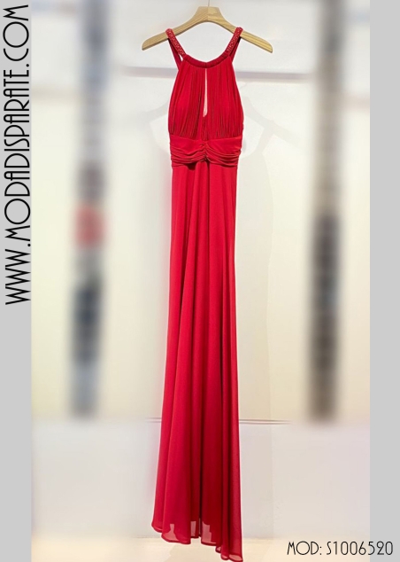 VESTIDO FIESTA GASA CUELLO HALTER PEDRERIA TIRANTES