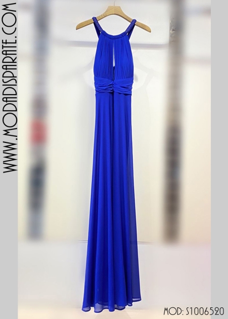 VESTIDO FIESTA GASA CUELLO HALTER PEDRERIA TIRANTES