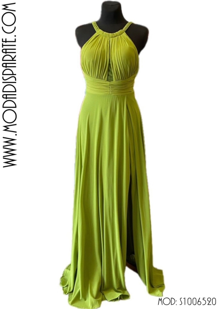 VESTIDO FIESTA GASA CUELLO HALTER PEDRERIA TIRANTES