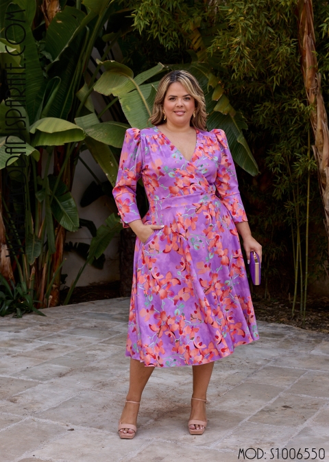 VESTIDO MIDI  ESTAMPADO FALDA VUELO MNAGA CODO BOTONES