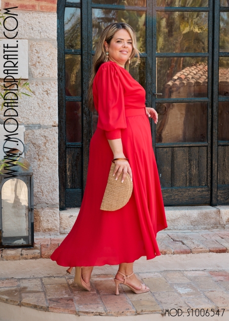 VESTIDO MIDI LISO VUELO GASA MANGA CODO Y CINTURON