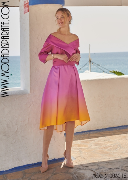 VESTIDO FIETA MIDI MIKADO DEGRADE ESCOTE CRUZADO FALDA ASIME