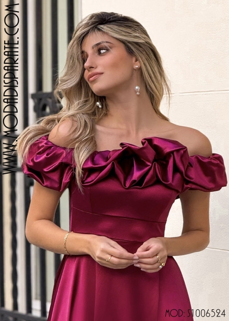 VESTIDO FIESTA LARGO RASO PALABRA DE HONOR VOLANTE