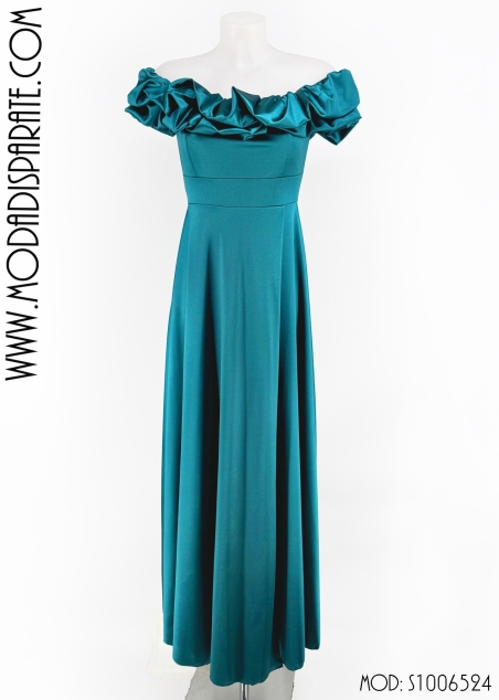 VESTIDO FIESTA LARGO RASO PALABRA DE HONOR VOLANTE