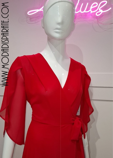 VESTIDO GASA MIDI LISO MANGA CODO DELANTERO CRUZADO PECHO 2