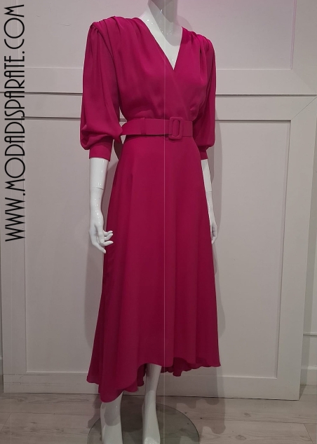 VESTIDO MIDI LISO VUELO GASA MANGA CODO Y CINTURON