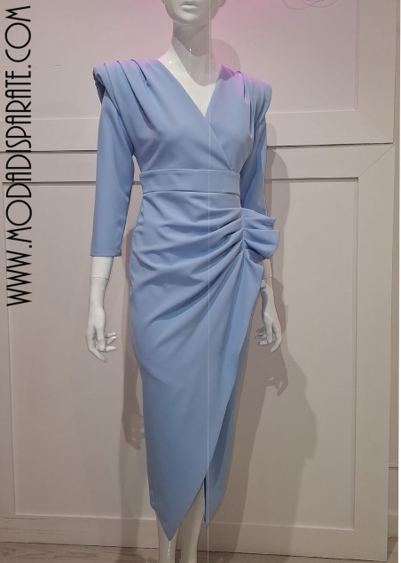 VESTIDO MIDI LISO M/ CODO HOMBROS FRUNCE CINTURA