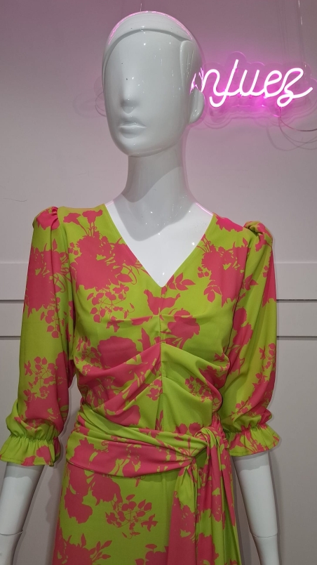 VESTIDO MIDI  ESMERALDA GASA  ESTAMPADO MANGA CODO FRUNCIDO