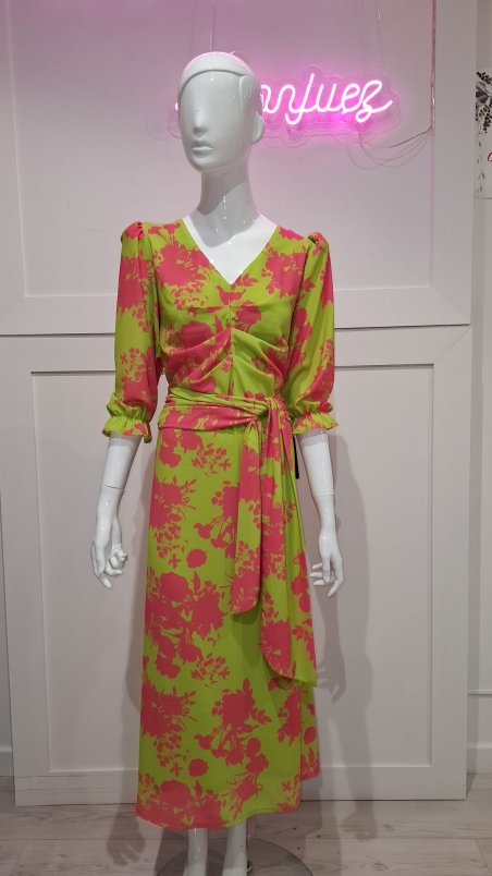 VESTIDO MIDI  ESMERALDA GASA  ESTAMPADO MANGA CODO FRUNCIDO