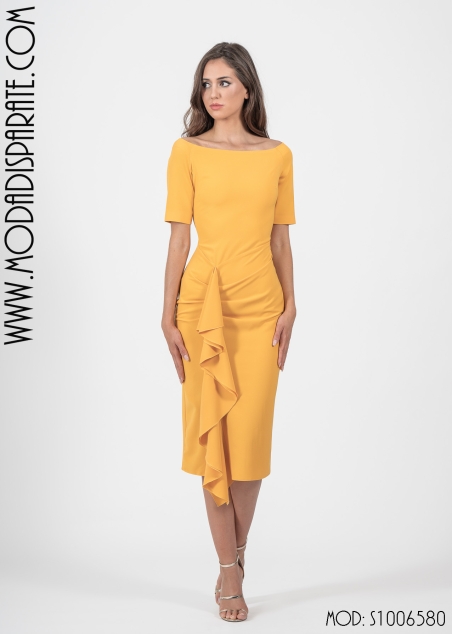VESTIDO MIDI RECTO ESCOTE BARCO M/ CORTA VOLANTE FALDA