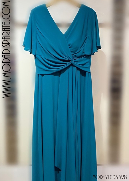 VESTIDO M/ CORTA LARGO NUDO PECHO FALDA VOLANTE