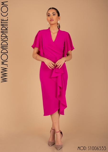 VESTIDO CORTO LISO CREP  CRUZADO SOBREFALDA M/ CAPA CORTA