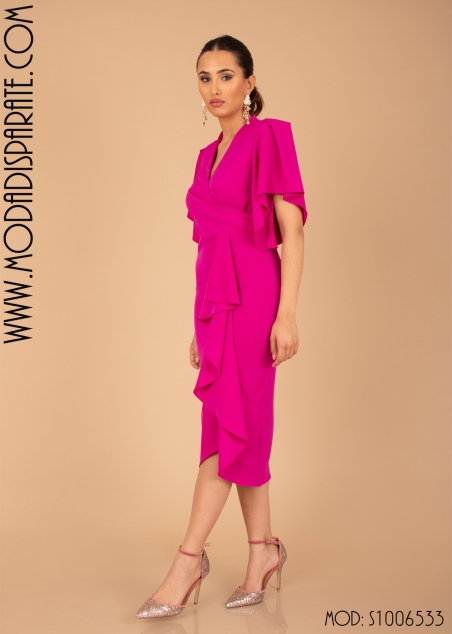 VESTIDO CORTO LISO CREP  CRUZADO SOBREFALDA M/ CAPA CORTA