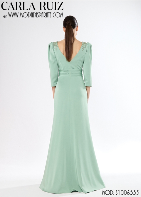 VESTIDO SATEN LARGO MADRINA APLIQUE HOMBRO Y CINTURA CAIDA P 2
