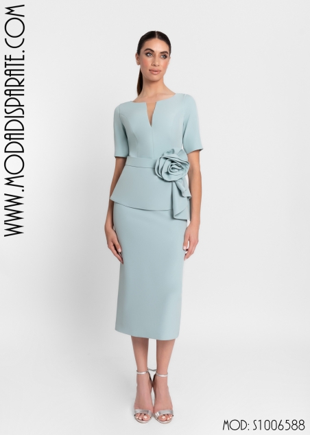 VESTIDO MIDI MANGA CORTA PECHO TUL FALDA PEPLUM Y FLOR