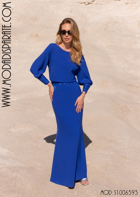 VESTIDO LARGO CREP MANGA CON PUÑO LENTEJUELAS CUERPO ABLUSON