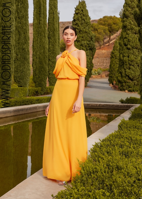 VESTIDO LARGO GASA TTES CAIDA PECHO FLOR DELANTERO