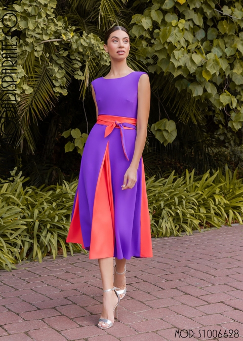 VESTIDO MIDI COCTEL INVITADA FALDA CAPA BICOLOR SIN MANGAS