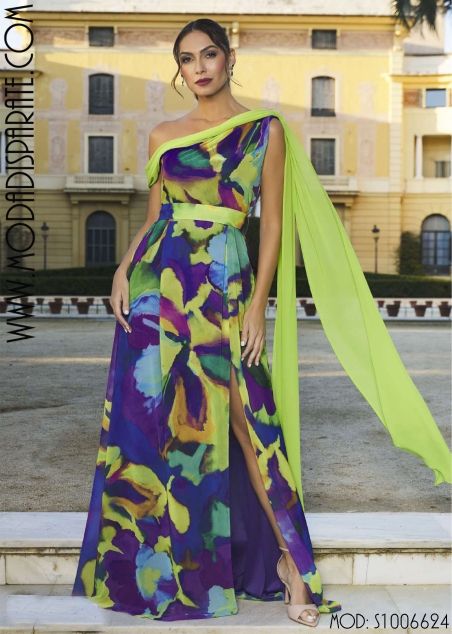 VESTIDO LARGO ESTAMPADO ASIMETRICO CAIDA LISA