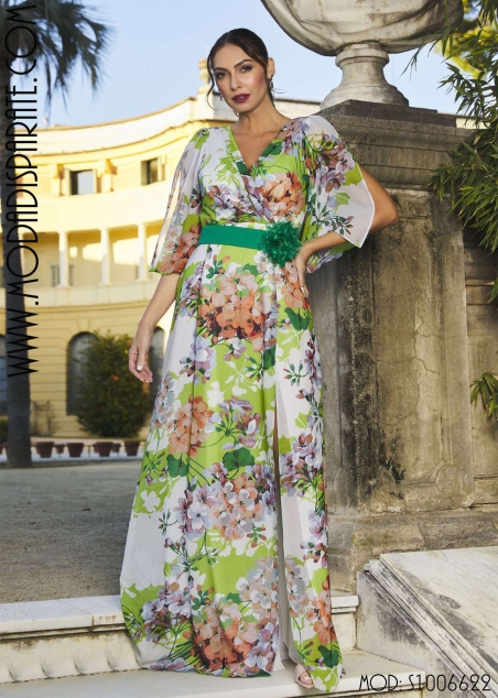 VESTIDO LARGO ESTAMPADO GASA MANGA ABIERTA CINTURON FLOR