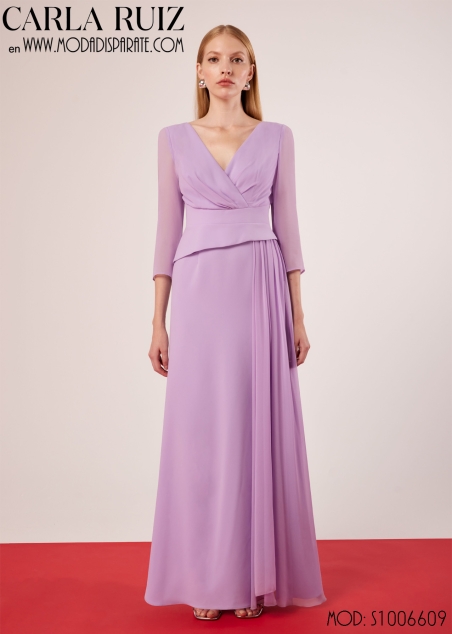 VESTIDO MADRINA LARGO CUERPO CRUZADO MANGA GASA FALDA DRAPEA