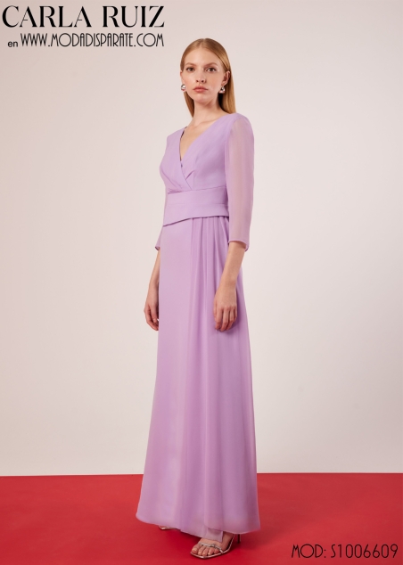 VESTIDO MADRINA LARGO CUERPO CRUZADO MANGA GASA FALDA DRAPEA