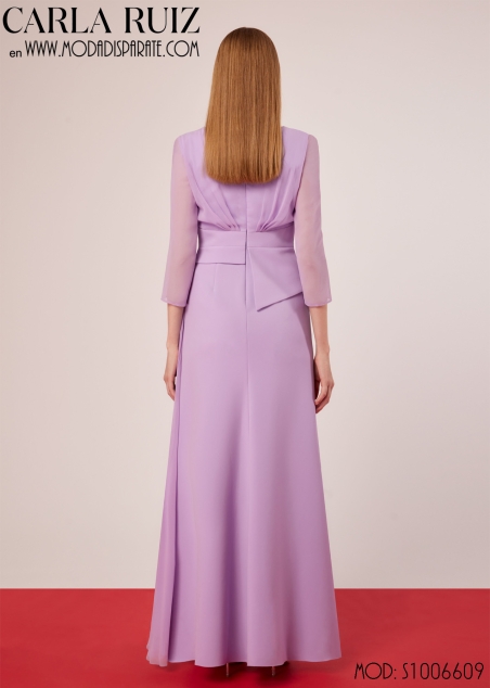 VESTIDO MADRINA LARGO CUERPO CRUZADO MANGA GASA FALDA DRAPEA