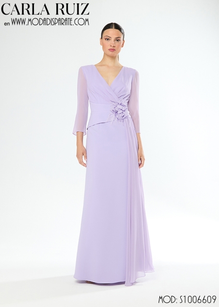 VESTIDO MADRINA LARGO CUERPO CRUZADO MANGA GASA FALDA DRAPEA