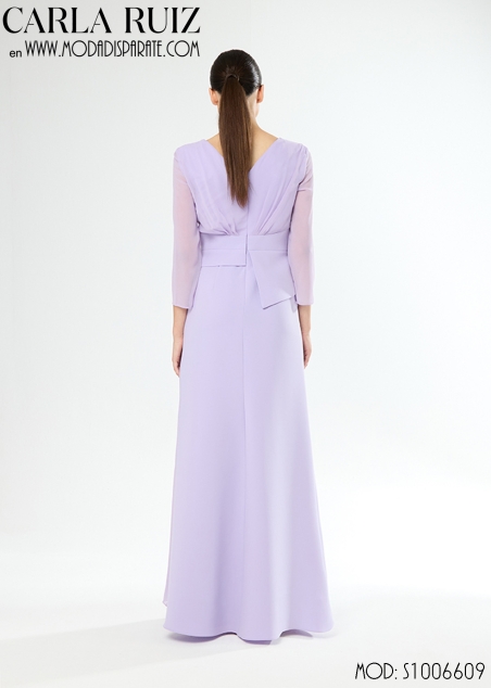 VESTIDO MADRINA LARGO CUERPO CRUZADO MANGA GASA FALDA DRAPEA