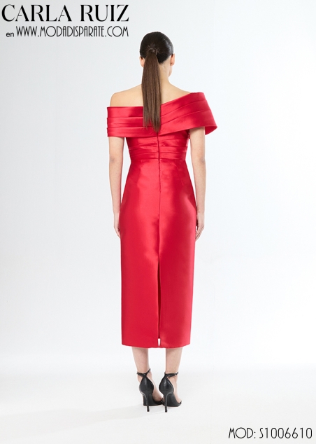 VESTIDO MIDI FIESTA RECTO MIKADO CUELLO BARCO TABLAS