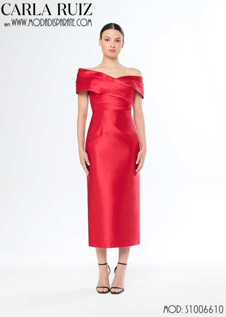 VESTIDO MIDI FIESTA RECTO MIKADO CUELLO BARCO TABLAS