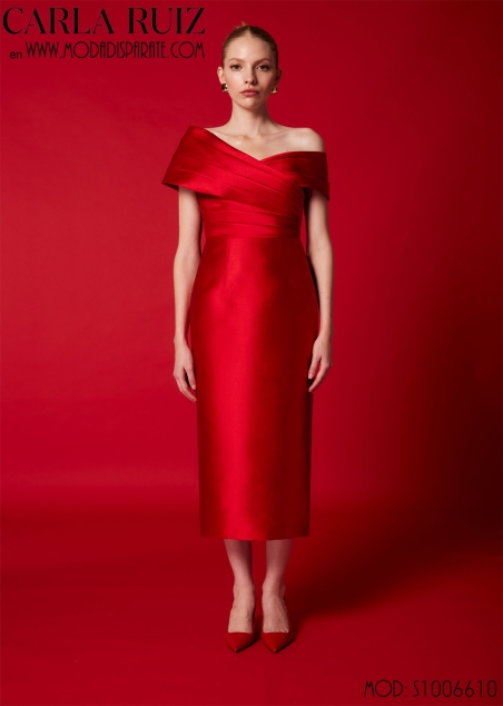 VESTIDO MIDI FIESTA RECTO MIKADO CUELLO BARCO TABLAS