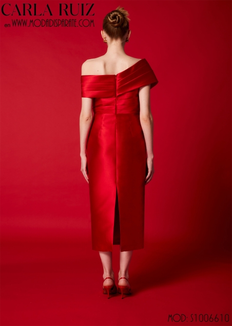 VESTIDO MIDI FIESTA RECTO MIKADO CUELLO BARCO TABLAS