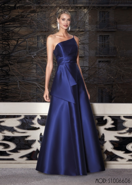 VESTIDO LARGO FIESTA MIKADO ASIMETRICO HOMBRO CIDA CINTURA