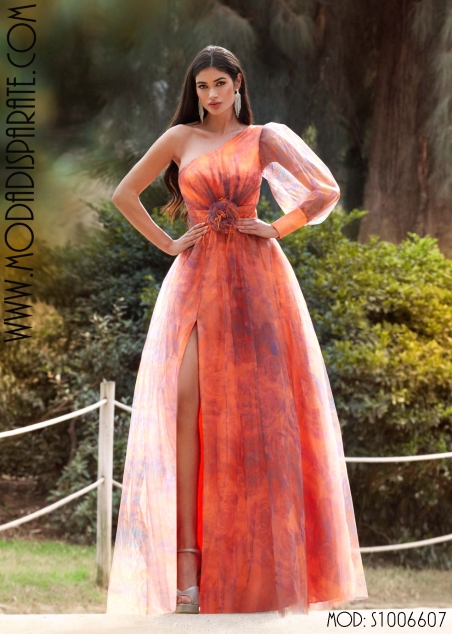 VESTIDO FIESTA LARGO MUSELINA ESTAMPADO VICOLOR ASIMETRICO U