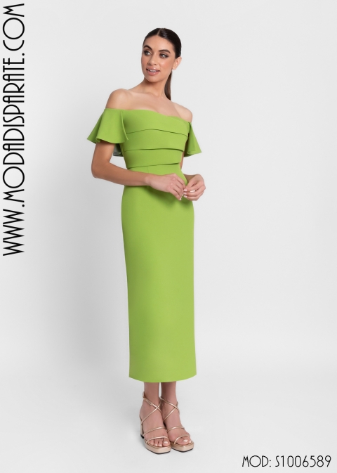 VESTIDO MIDI RECTO PECHO TABLÓN MANGA CORTA