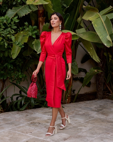 VESTIDO MIDI ESCOTE PICO Y LAZADA ESPALDA DESCUBIETA MANGA F