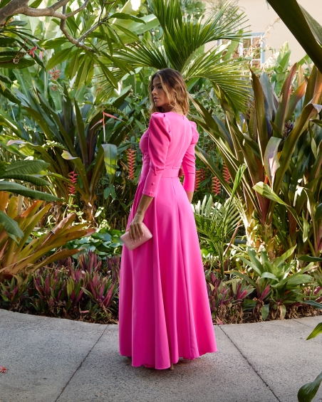 VESTIDO FIESTA LARGO VUELO ESCOTE CRUZADO Y CINTURON