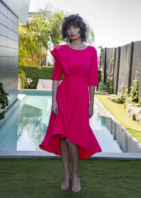 VESTIDO MIDI VUELOASIMETRICO MANGA LARGA