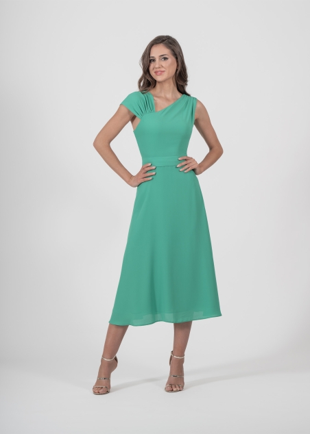 VESTIDO MIDI GASA EVASE TTES. ANCHOS ASIMETRICOS