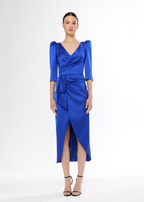VESTIDO FIESTA MIDI ABERTURA FALDA MANGA CODO ESCOTE PICO