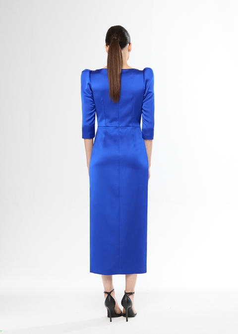 VESTIDO FIESTA MIDI ABERTURA FALDA MANGA CODO ESCOTE PICO 2