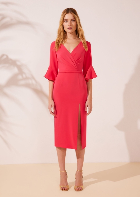 VESTIDO MIDI LISO ESCOTE CRUZADO MANGA CODO VOLANTES