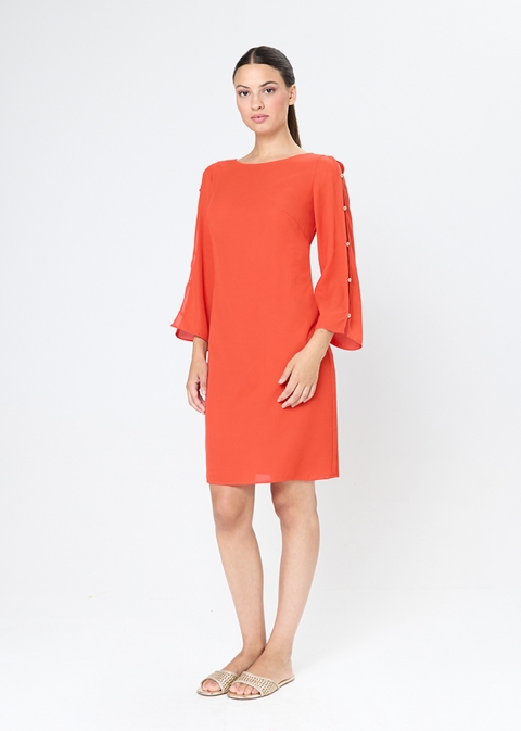 VESTIDO CORTO RECTO  GASA LISA MANGA ABIERTA BOLITAS