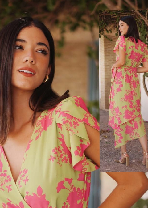 VESTIDO MIDI COCTEL ESTAMPADO CRUZADO ASIMETRICO MANGA VOLAN