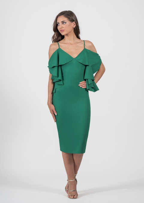 VESTIDO FIESTA MIDI  LISO TTES HOMBROS VOLANTES