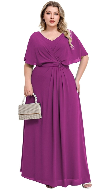 VESTIDO LARGO GASA MANGA CAPA CINTURA DRAPEADA