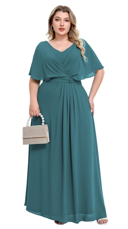 VESTIDO LARGO GASA MANGA CAPA CINTURA DRAPEADA