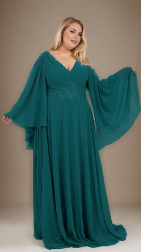 VESTIDO LARGO GASA ESCOTE DRAPEADO Y LENTEJUELAS