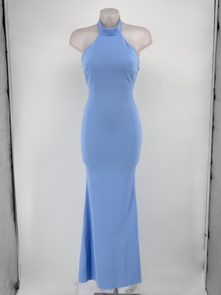 VESTIDO FIESTA LARGO CUELLO HALTER ESPALDA ABIERTA FRUNCE